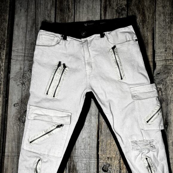 Waimea Skinny Fit Cargo Zip 2 Tone Moto Jeans Mens Size 34x32 Black Cream - Picture 3 of 12